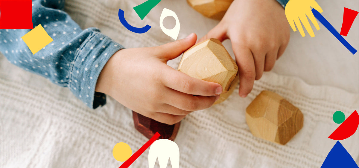A child's hands holding a wooden toy, with simple vector shapes superimposed on the image